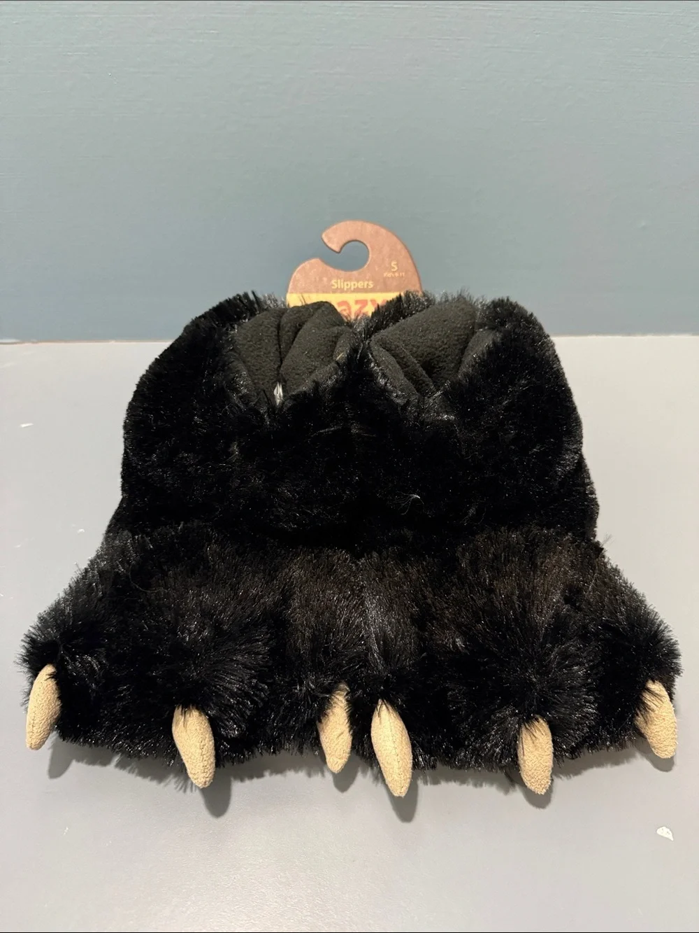 Lazy One Black Plush Bear Paw Slippers with Tan Claws
